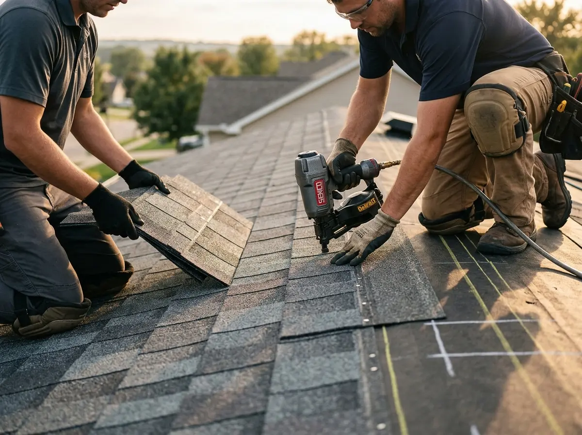 Professional roofer working on a residential roof in East Los Angeles